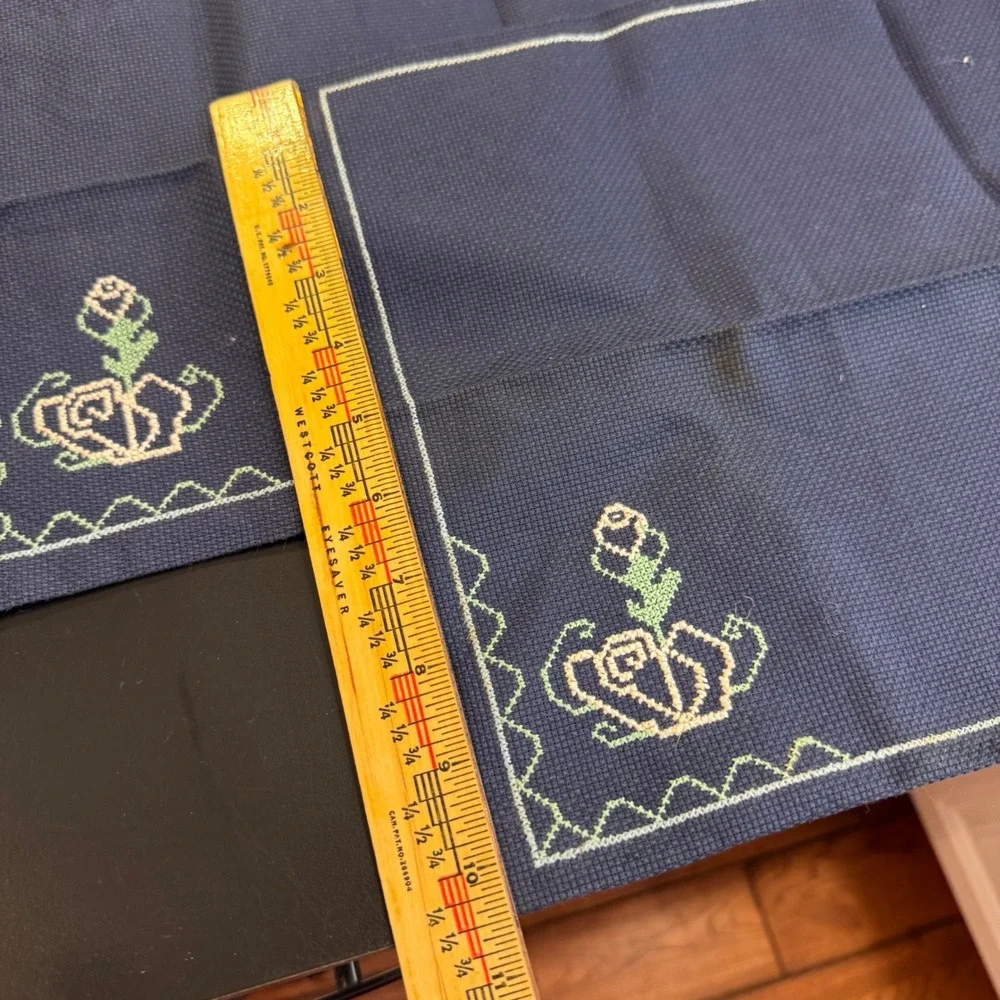 Vintage Placemats Set of 4 Navy Blue Rose Cross Stitch Floral Cottagecore 16x11
